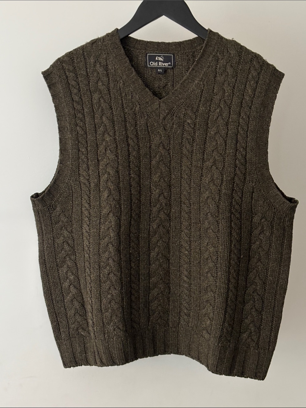 Old River 100% Lambswool Cable Knit Sweater Vest Dark Olive Green L
